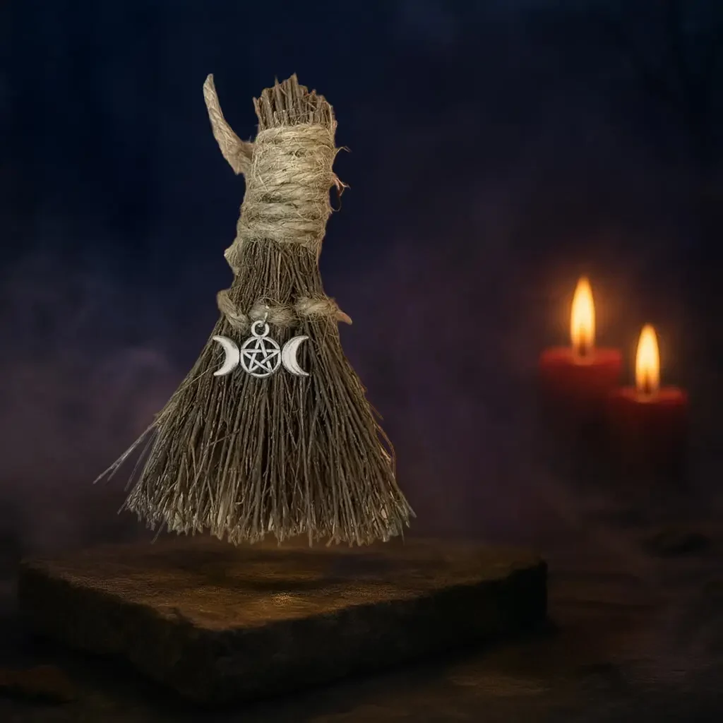 Σκούπα Μάγισσας με Φυλαχτό pentacle – Καθαρμός, Προστασία & Ιερή Ενέργεια